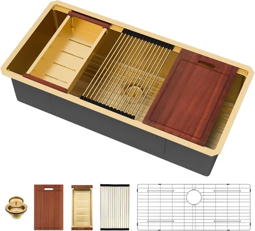 Vista 30 de Sarlai Fregadero de cocina empotrado de 30 pulgadas dorado - Fregadero de cocina de 76,2 cm x 45,7 cm con repisa para estación de trabajo de acero