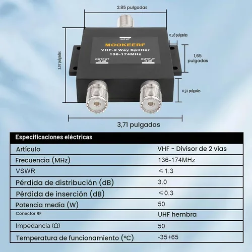 Vista 3 de MOOKEERF Divisor VHF-2 Way para 136-174MHz HAM CB o VHF Radio 50 Ohm VHF Splitter con conector UHF hembra (SO-239)