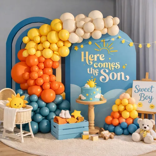 Vista 2 de Here Comes the Son - Kit de guirnalda de arco de globos de 149 piezas para decoración retro de sol, baby shower, primer viaje alrededor del sol Azul