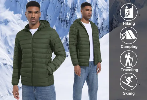 Vista 5 de TACVASEN Chaqueta acolchada con capucha para hombre, impermeable, impermeable, con aislamiento, ligera, cortavientos, acolchada