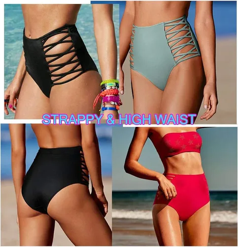 Vista 8 de Bikini sexy para mujer, con encaje, con tiras laterales, cintura alta, retro, traje de baño