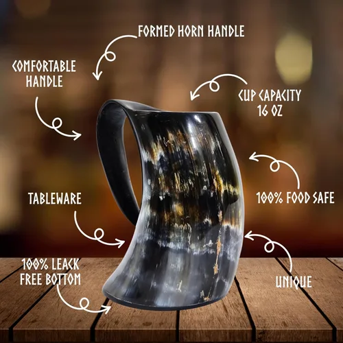 Vista 5 de Viking Craft's Taza de cuerno para beber jarra hecha a mano y acabado natural