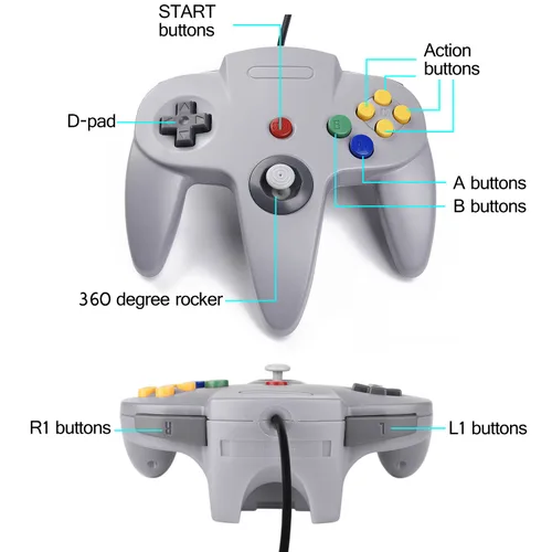Vista 6 de Suily - Juego de 4 controladores clásicos de 64 mandos para 64 Plug & Play (versión USB no PC) (negrogrisrojoazul)