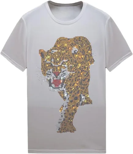 Vista 23 de HZCX FASHION Camiseta con strass brillante para Hombres y Mujeres, manga corta, con pedrería, para festivales de rock, con gemas, de algodón