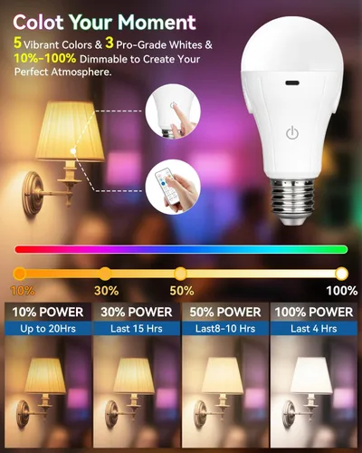 Vista 5 de CordlessGlow - Bombillas recargables con control remoto, 5 RGB + 3 CCT regulables, funciona con pilas, para lámparas cableadas y sin cableado