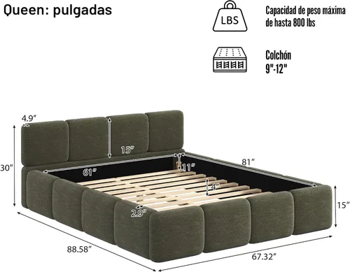 Vista 2 de Harper & Bright Designs Boucle - Base de cama de plataforma, tamaño Queen, plataforma estilo bloque, cama tapizada con conexión a tierra con Verde