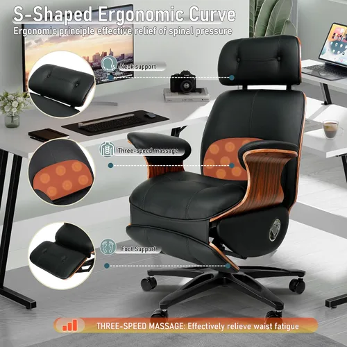 Vista 3 de Silla de oficina ergonómica de cuero, reclinable/reposapiés Negro