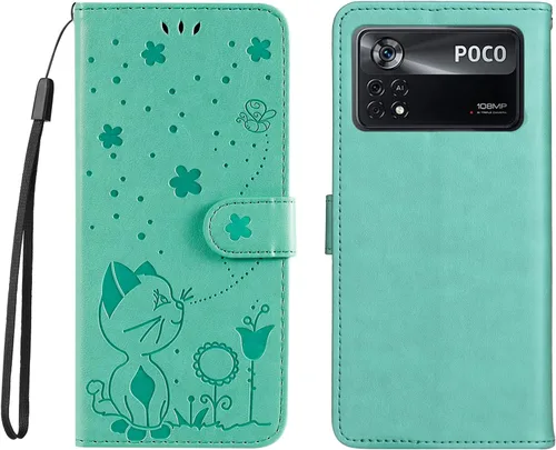 Vista 8 de Funda para Xiaomi Poco X4 Pro 5G, diseño de estampado de gatos y abejas, funda de cuero de primera calidad, cierre magnético