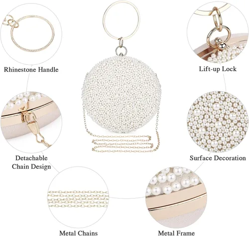 Vista 5 de UBORSE Bolsos de noche redondos de perlas para mujer con diamantes de imitación formales para boda bolso de embrague graduación cóctel fiesta bolsos