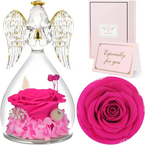Vista 30 de Sunia Regalos para mamá, regalos de cumpleaños para mujeres, rosas reales preservadas en figura de ángel de cristal, flores eternas para la entrega