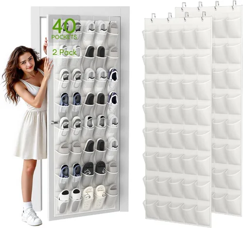 Vista 12 de Organizador de zapatos colgante sobre la puerta con 40 bolsillos grandes de malla transpirable, soporte de zapatos que ahorra espacio, estante
