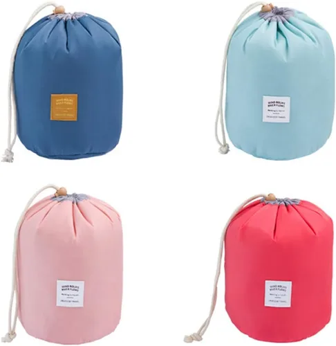 Vista 4 de Estuches de viaje cosméticos, cilíndrico portátil lavado bolsa de almacenamiento con cordón organizador de cosméticos de viaje azul, Azul
