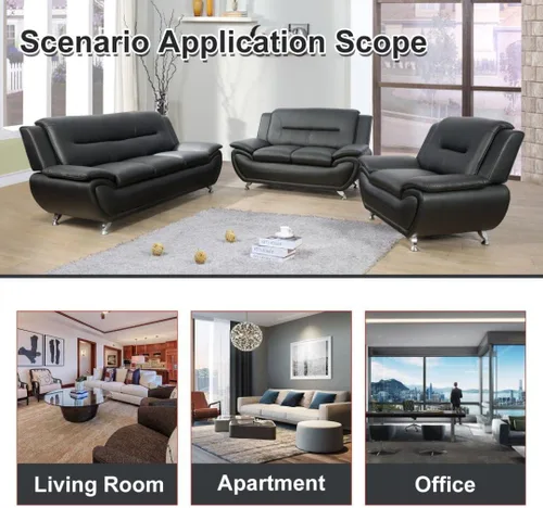 Vista 3 de Juego de sofá de cuero negro de 3 piezas para sala de estar, apartamento/oficina (sofás de cuero negro, juego de muebles de 3 piezas)