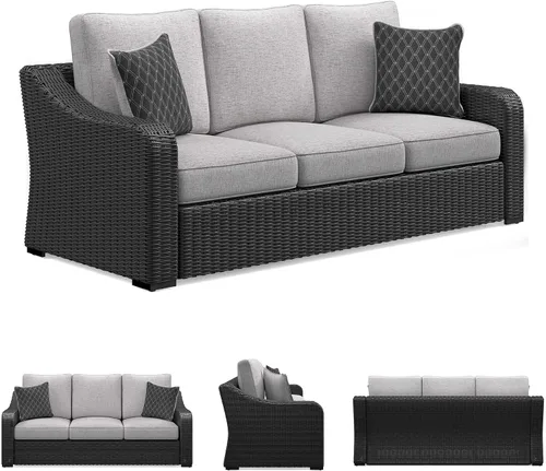 Vista 7 de Signature Design by Ashley Beachcroft - Sofá resistente a la intemperie con tela casual para interiores/exteriores con cojín y 2 cojines Negro