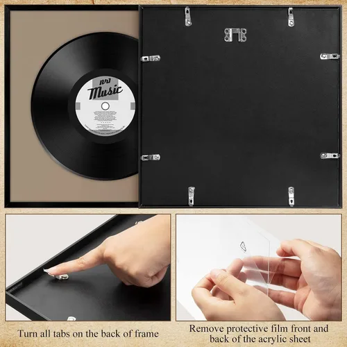 Vista 5 de Treela 6 marcos de álbum de vinilo negro de 12.5 x 12.5 pulgadas para exhibición, cable de grabación de 12 pulgadas con cubierta, álbum de música
