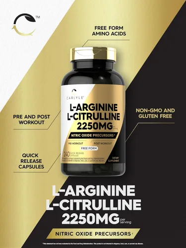 Vista 4 de Carlyle L-Arginina L-Citrulina Suplemento 2250 mg 240 cápsulas en polvo Precursores de óxido nítrico Forma libre Sin OMG y sin gluten