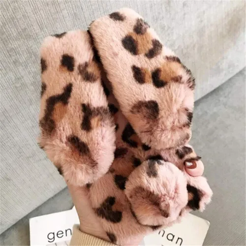 Vista 5 de Funda de piel de conejo de leopardo para iPhone 6 Plus, lujosa, bonita funda de felpa con orejas de conejo en 3D para el invierno (marrón)