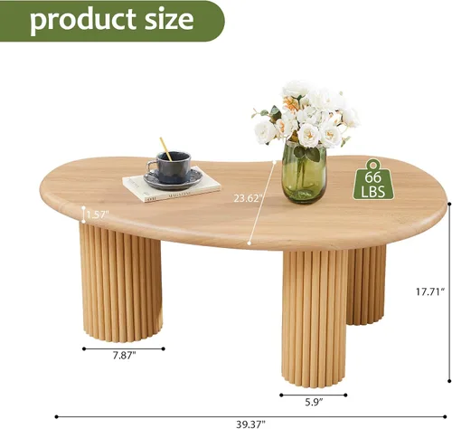 Vista 2 de Mesa de Centro Acanalada, 39'' Mesas de Centro Estilo Granja para Sala de Estar, Mesa Central de Acento de Madera Baja Mesa de Té Pequeña con Base