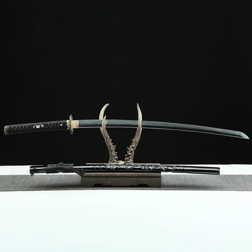 Vista 9 de Espada Katana negra de 41 pulgadas, acero de alto carbono, parte superior afilada, hecha a mano, espada samurái japonesa espiga completa