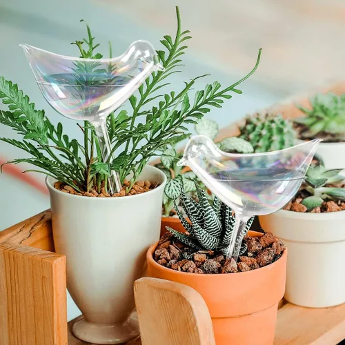 Vista 3 de KiKiHeim 2 globos de riego para plantas, dispositivos de riego automático de plantas de vidrio coloridos, globos de riego automático