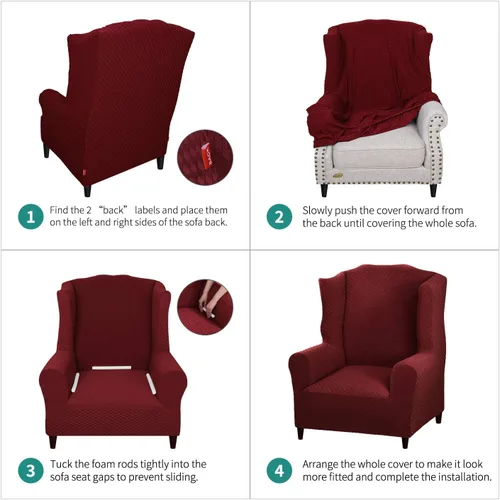 Vista 8 de YEMYHOM 1 funda elástica para silla con respaldo de ala + funda otomana de tamaño pequeño (rojo vino)