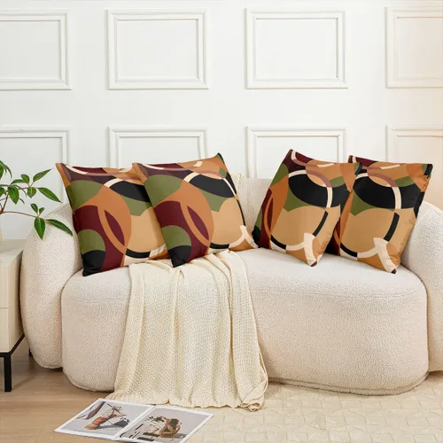 Vista 8 de Paquete de 2 fundas de almohada decorativas con diseño geométrico marrón, rojo y verde, fundas de cojín cuadradas de geometría suave para sofá