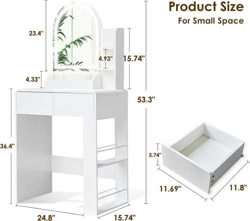 Vista 2 de Vanity, pequeño escritorio de tocador con espejo y luces, espacio de almacenamiento con estante lateral, tocador compacto para niñas