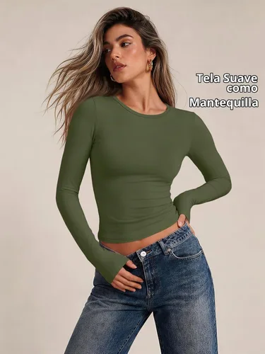 Vista 3 de Trendy Queen Camisetas de manga larga para mujer, camisetas básicas de Verde militar
