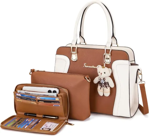 Vista 7 de Soperwillton Monederos para mujer, bolso cruzado de hombro, asa superior, bolsa de mano, cartera, juego de 3 piezas beige/marrón