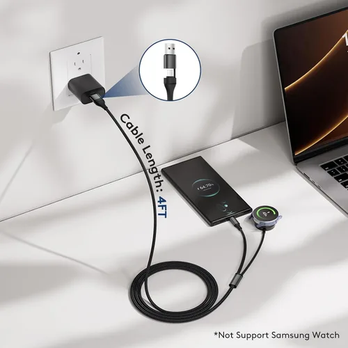 Vista 4 de cugunu Cable de carga portátil múltiple USB A/C a Galaxy Watch/USB C, cable de carga inalámbrico magnético para automóvil 2 en 2, compatible