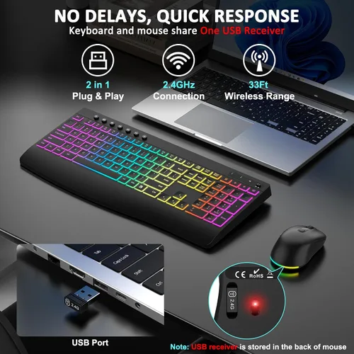 Vista 5 de Combo de teclado y mouse inalámbricos, 9 efectos retroiluminados, teclado retroiluminado recargable de 4000 mAh con reposamuñecas, mouse de 6