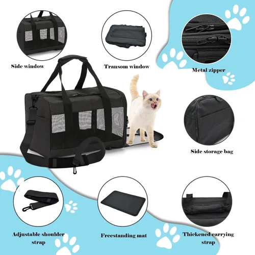 Vista 6 de Transportador de viaje para gatos, de lados suaves, ventilado, transpirable, plegable, transportador suave aprobado por aerolíneas para perros