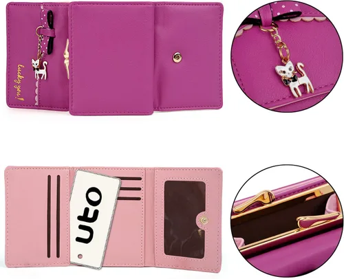 Vista 5 de UTO - Billetera para niñas de cuero vegano, lindo gato colgante, organizador de tarjetas, monedero para mujeres, Zoe Rose Red, S