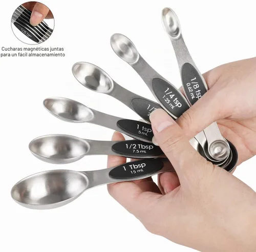 Vista 2 de Juego de 6 cucharas medidoras magnéticas de acero inoxidable de doble cara apilables para medir ingredientes secos y líquidos Cucharada