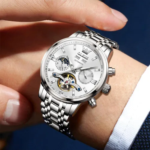 Vista 2 de OLEVS Automatic Watches for Men Luxury Skeleton Multi-Function Mechanical Watch Self Winding Date Waterproof Luminous Mens Watch