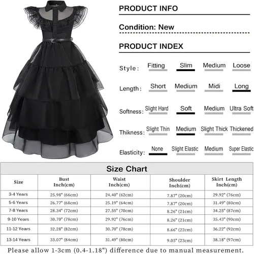 Vista 7 de Benylion Wednesday Costume Dress for Girls Kids Black Tulle Tutu Dresss with Belt Stage Show Halloween Party Outfit