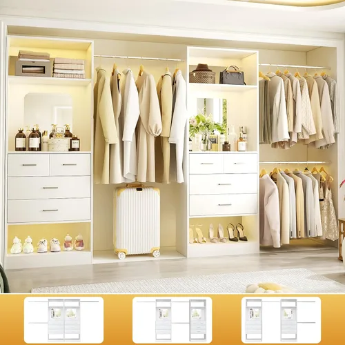 Vista 3 de Sistemas de Armarios Unikito, Organizador de Vestidor de 6-14 Pies con 8 Cajones y Espejo, Inserto de Armarios de Madera Grande de 168" con Torre