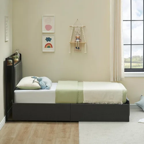 Vista 3 de GAOMON Base de cama tamaño individual con 2 cajones de almacenamiento y estación de carga, base de cama tapizada de lino rústico con cabecera