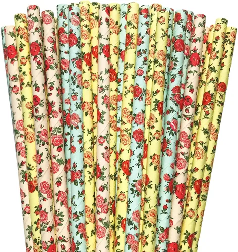 Vista 10 de 100 pajitas de papel mixtas para fiestas, color negro, rosa claro, azul, rojo, dorado, con lunares, burbujas, para cumpleaños, baby shower, boda