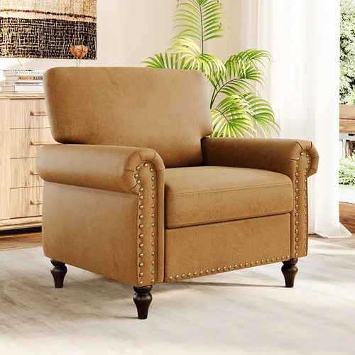 Vista 25 de Silla giratoria decorativa, moderna tapizada con brazo curvado, tela de terciopelo, cómoda silla de lectura con base de madera maciza para sala