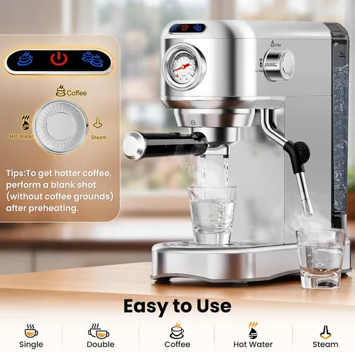 Vista 14 de Máquina de café espresso de 20 bares, cafetera compacta con espumador de leche, cafetera de acero inoxidable con tanque de agua extraíble de 34