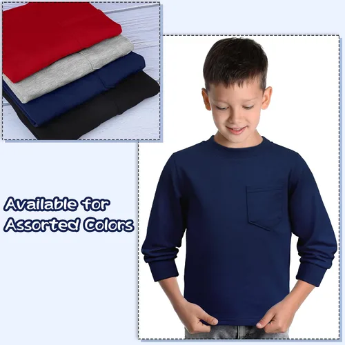 Vista 4 de Cooraby Paquete de 4 camisas térmicas de manga larga para niños pequeños, de algodón, con bolsillo, cuello redondo