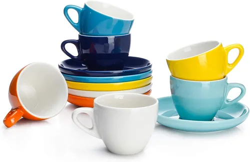 Vista 12 de Sweese Tazas de espresso de 2 onzas con platillos, juego de 6 tazas de espresso de porcelana, colores surtidos
