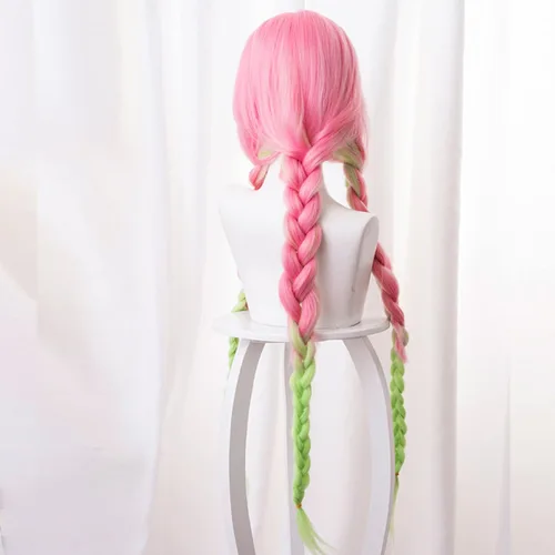 Vista 5 de maysuwell Kanroji Mitsuri - Peluca de anime Demon Slayer para mujer, pelucas de cosplay rosa y verde trenzado para Halloween, carnaval, fiesta