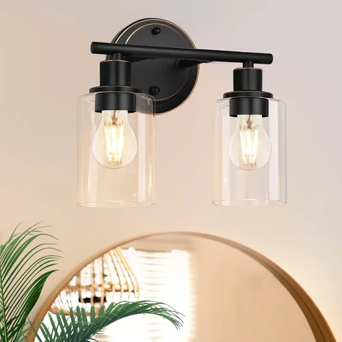 Vista 25 de 2 Light Bathroom Vanity Light Over Mirror - Black and Gold Farmhouse Wall Light for Bathroom Vanity Powder Room, Rustic Gooseneck Barn Style 2 Bulb