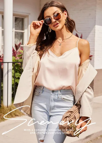 Vista 4 de Ekouaer Camisetas de satén para mujer, paquete de 2 unidades, blusa con cuello en V, tirantes delgados, camisola de seda
