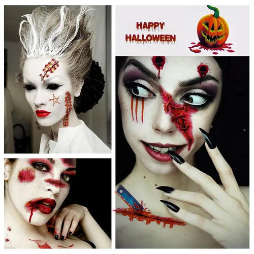 Vista 5 de NiHome 40 hojas de Halloween terror extraíble realista falso tatuaje temporal, traje de zombi Cosplay herida de sangre sangrado cicatriz variedad
