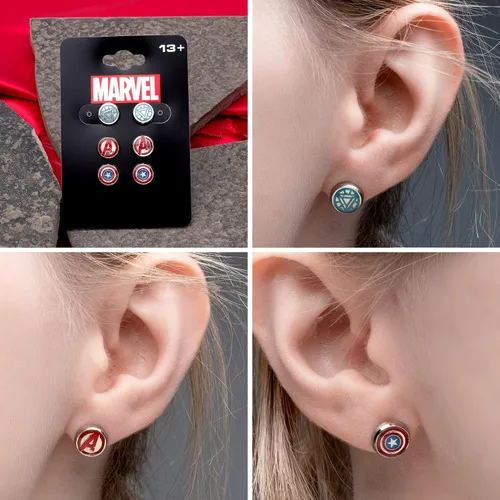 Vista 5 de Aretes hipoalergénicos de acero inoxidable con licencia oficial de Marvel Comics para mujer, diseño de Avenger, unisex, Esmalte