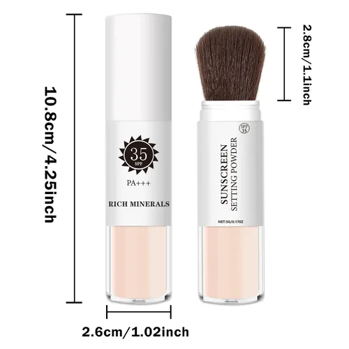 Vista 9 de Polvo de ajuste de protector solar mineral para cara y cuero cabelludo, SPF 35 polvo mineral cepillo protector solar control de aceite acabado mate
