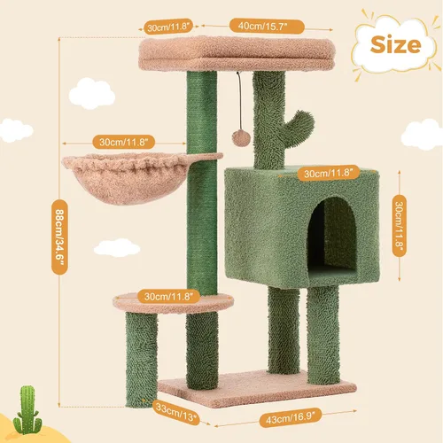 Vista 2 de Árbol de cactus para gatos, torre pequeña para gatos con poste rascador de 32 pulgadas con casa de condominio para gatos, hamaca acogedora y cama